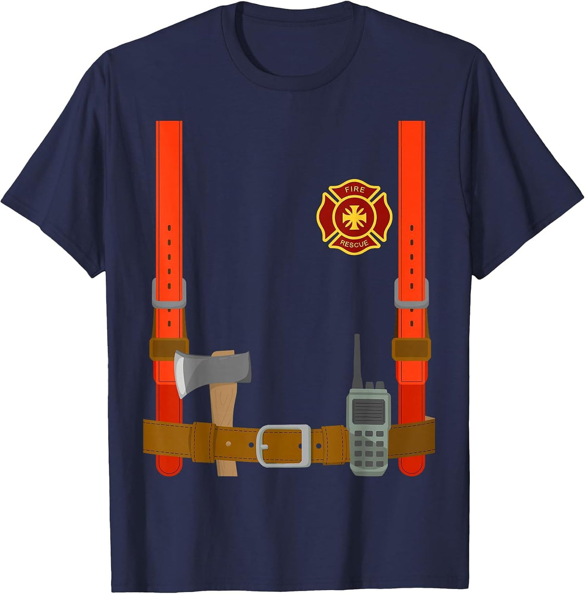 Firefighter Costume Halloween Fireman Uniform T-Shirt - Navy Blue