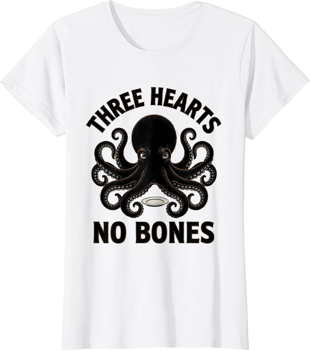 Women's Three Hearts No Bones Blackwork Dotwork Octopus Sea Creature T-Shirt - White