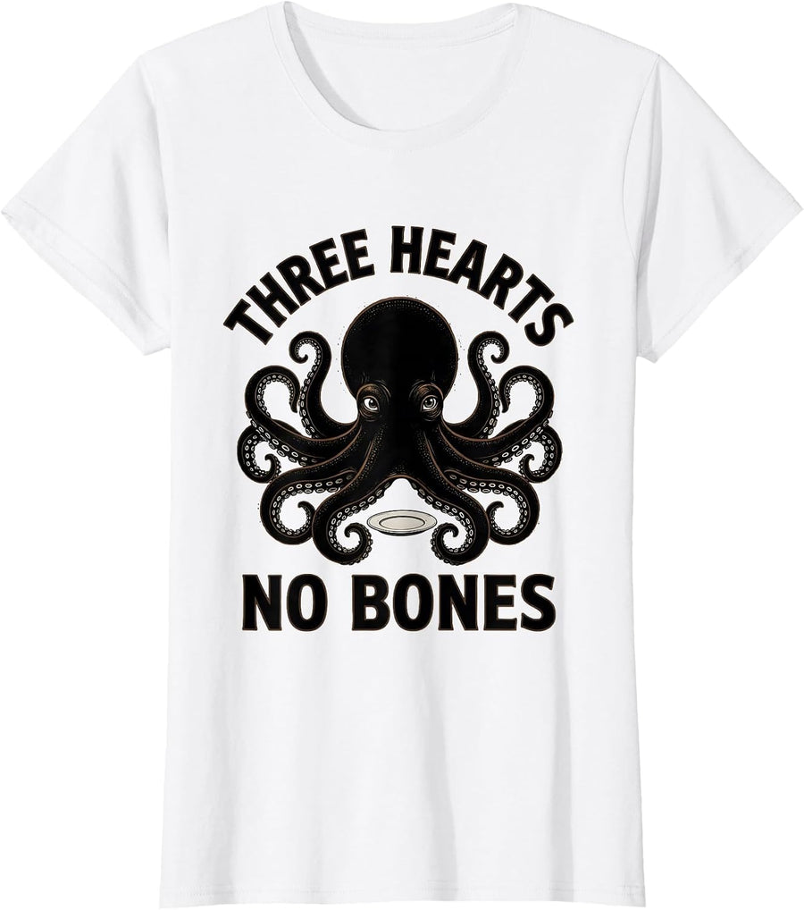 Women's Three Hearts No Bones Blackwork Dotwork Octopus Sea Creature T-Shirt - White