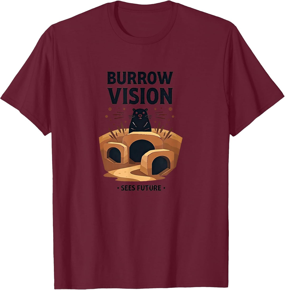 Burrow Vision Sees Future Groundhog Design T-Shirt - Burgundy