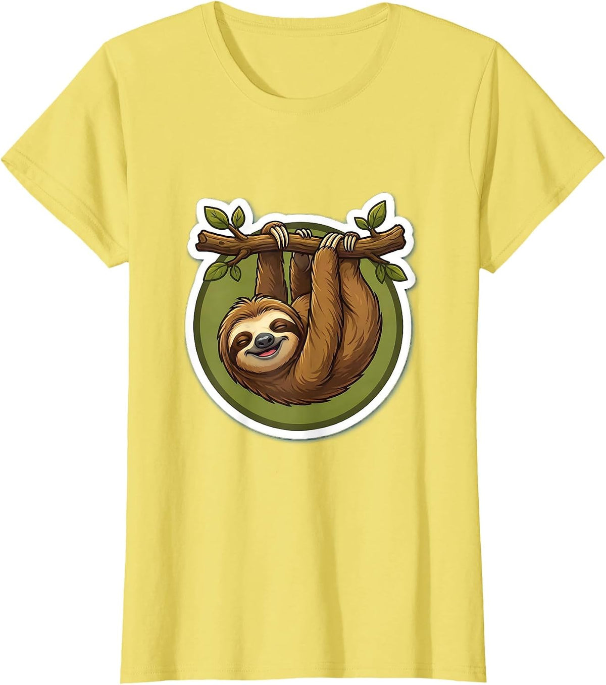 Derpy Sleepy Sloth Hanging Upside Down Design T-Shirt - Lemon Yellow
