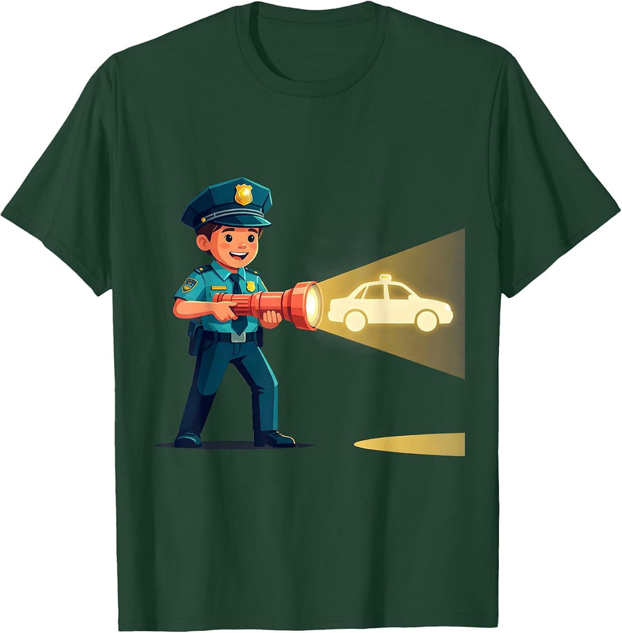 Men's Police Officer Toy Flashlight Flat Vector Kids Humor T-Shirt - Dark Green