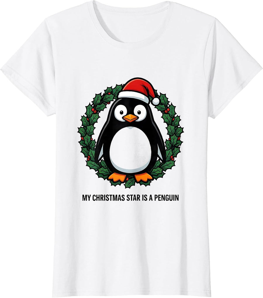 Women's My Christmas Star Is A Penguin Funny Penguin Lover Christmas T-Shirt - White