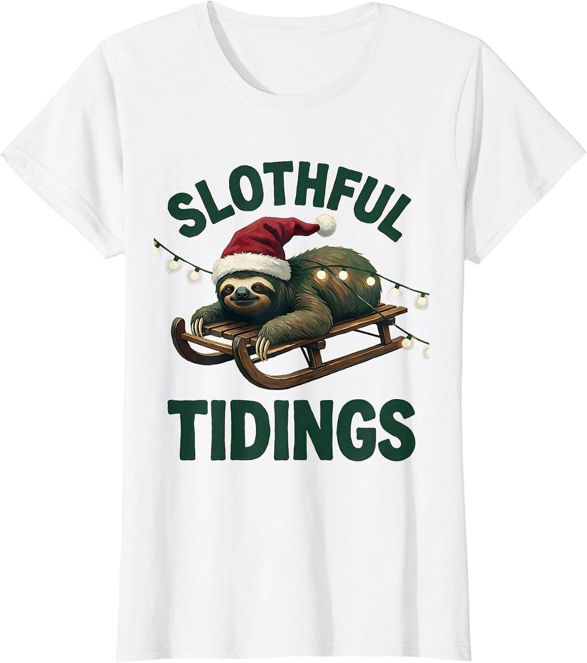 Slothful Tidings Funny Sloth Christmas Lights Santa Hat T-Shirt - White