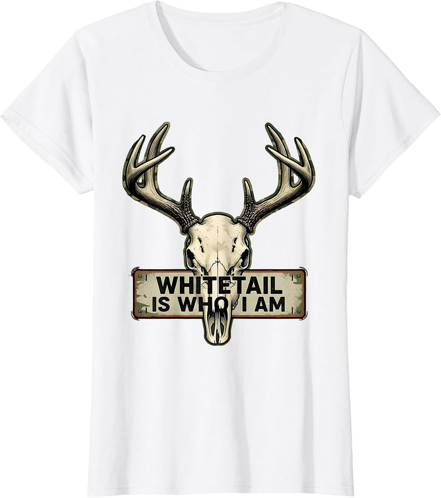Women's Whitetail Is Who I Am Vintage Camo Deer Hunting Dad Humor T-Shirt - White