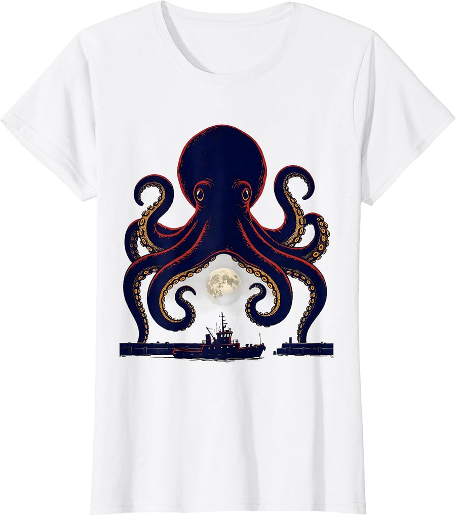 Women's Kraken Octopus Vintage Sea Monster Marine Biology Enthusiast T-Shirt - White