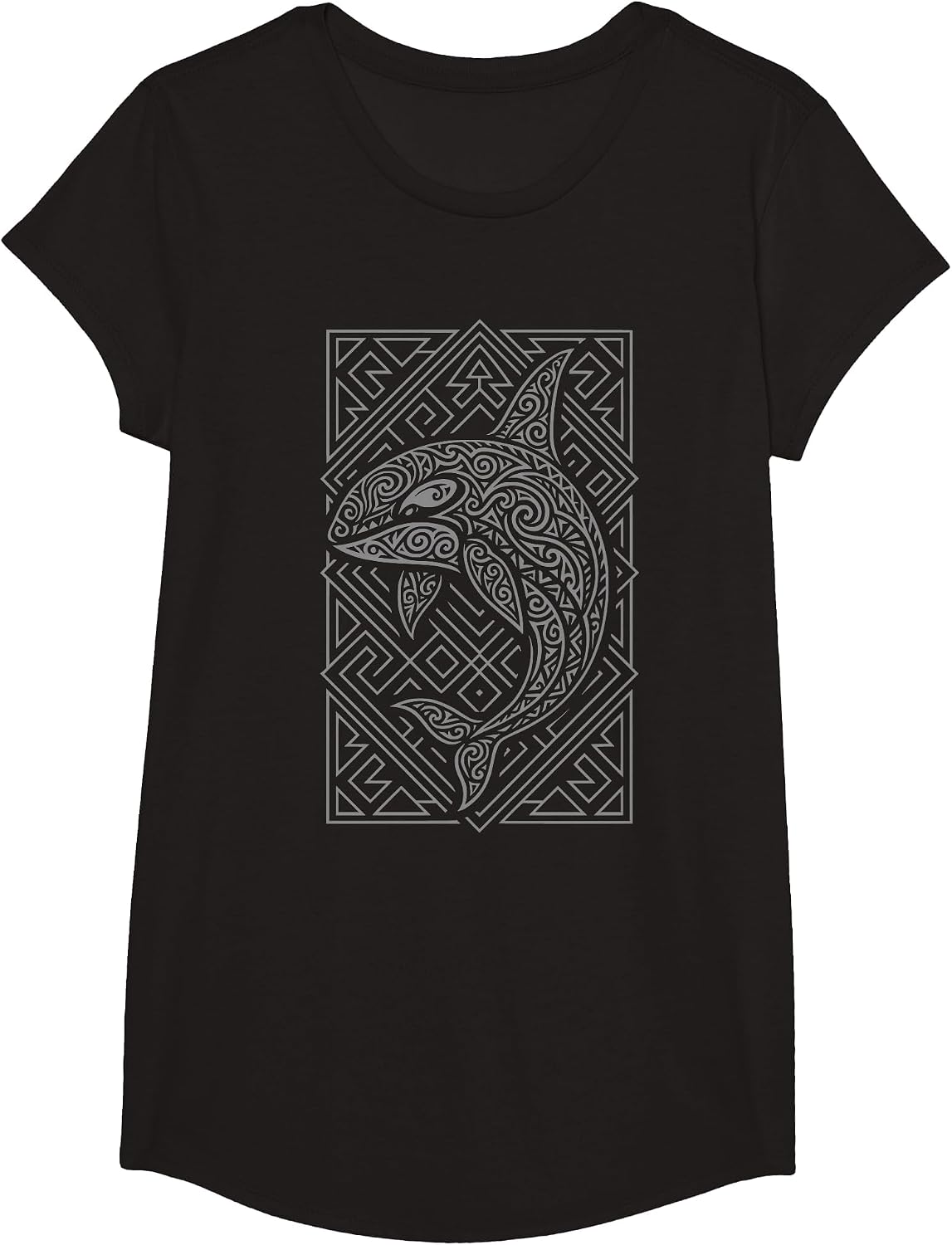 Tribal Orca Whale Polynesian Tattoo Style Design T-Shirt - Girls Black