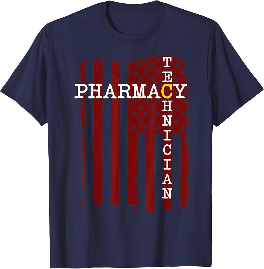 Pharmacy Technician American Flag T-Shirt - Navy Blue