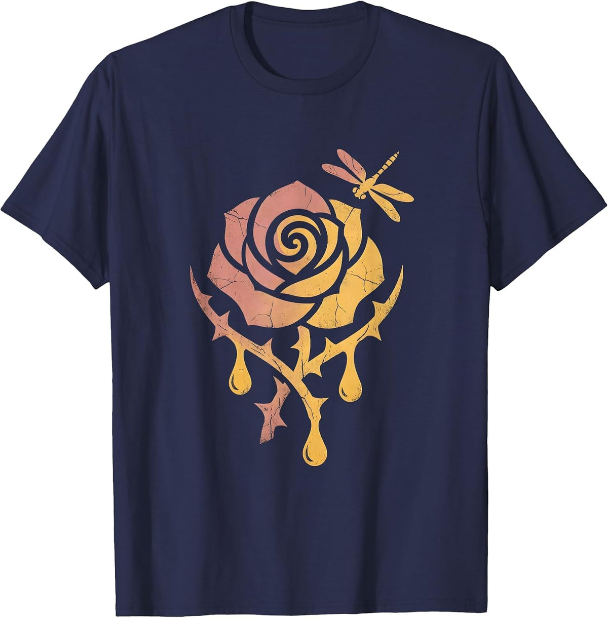 Men's Gigi Bold Rose With Thorns and Dripping Honey T-Shirt - Navy Blue