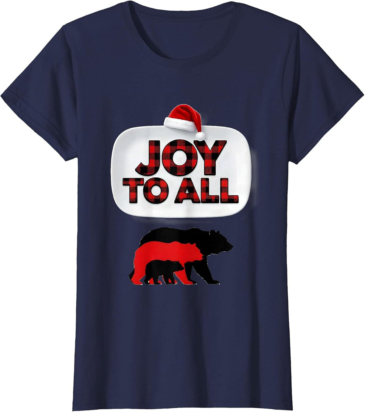 Women's Joy To All Buffalo Plaid Bear Family Christmas Pajama Gift T-Shirt - Navy Blue