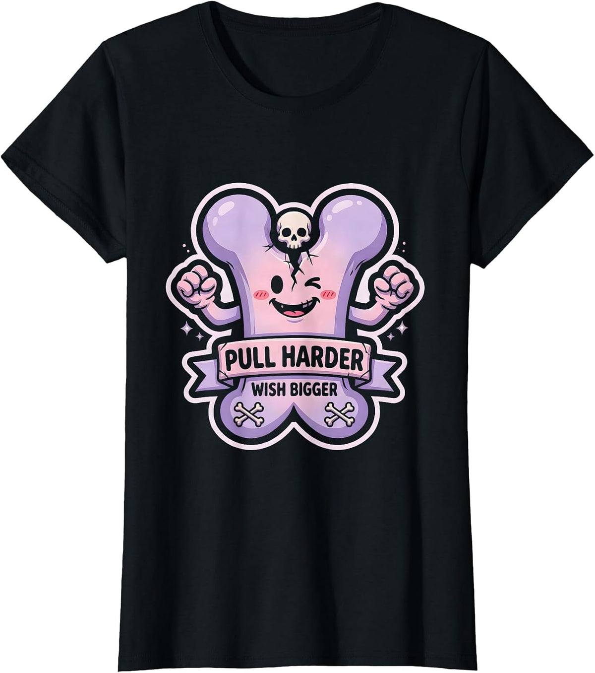 Women's Pull Harder Wish Bigger Wishbone Graphic Design T-Shirt - Black