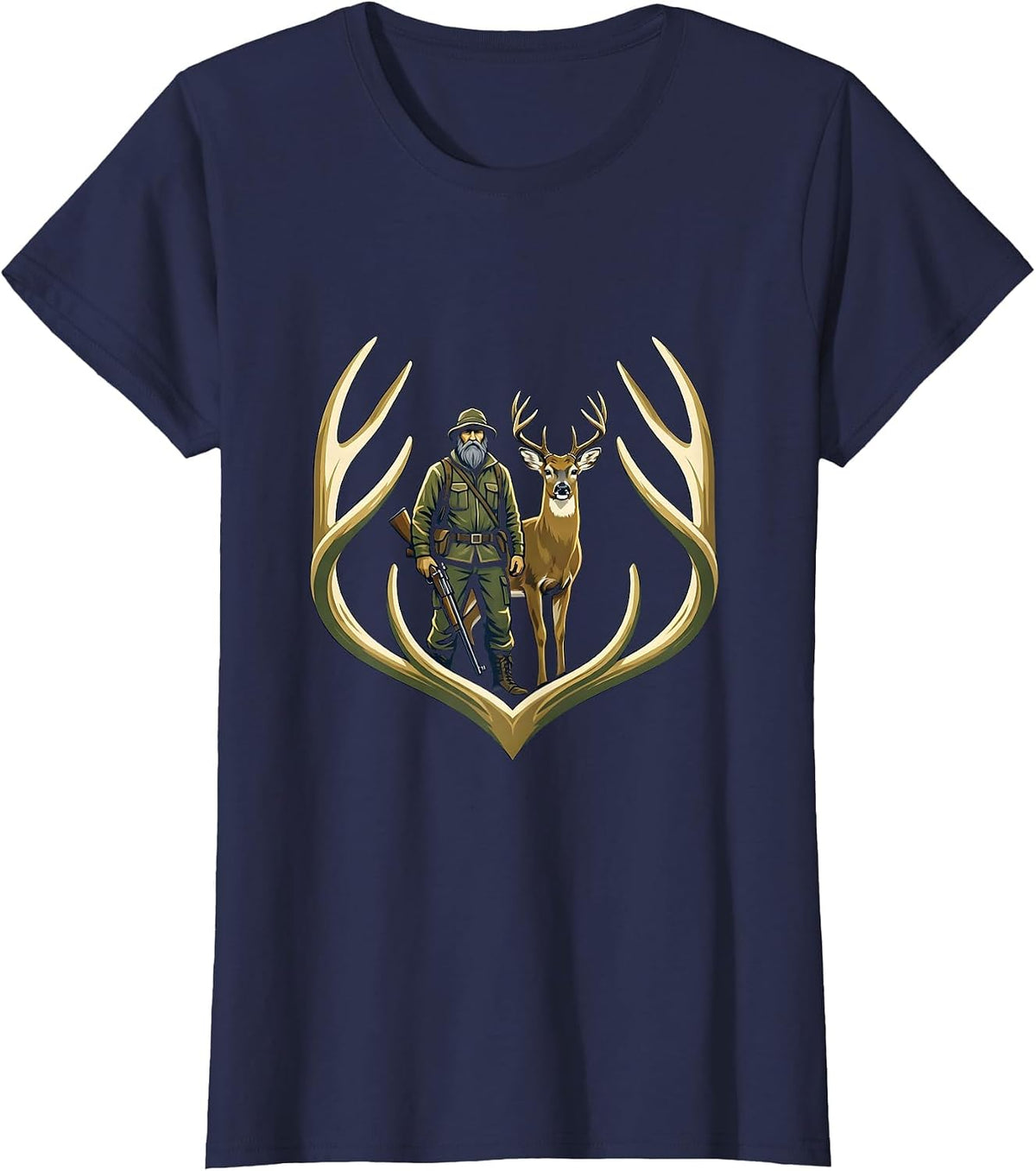 Women's Hunter Crest Emblem Whitetail Deer Humor T-Shirt - Navy Blue