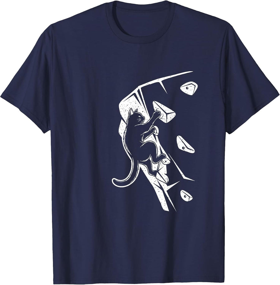 Funny Cat Bouldering Tee Rock Climbing Cat T-Shirt - Navy Blue