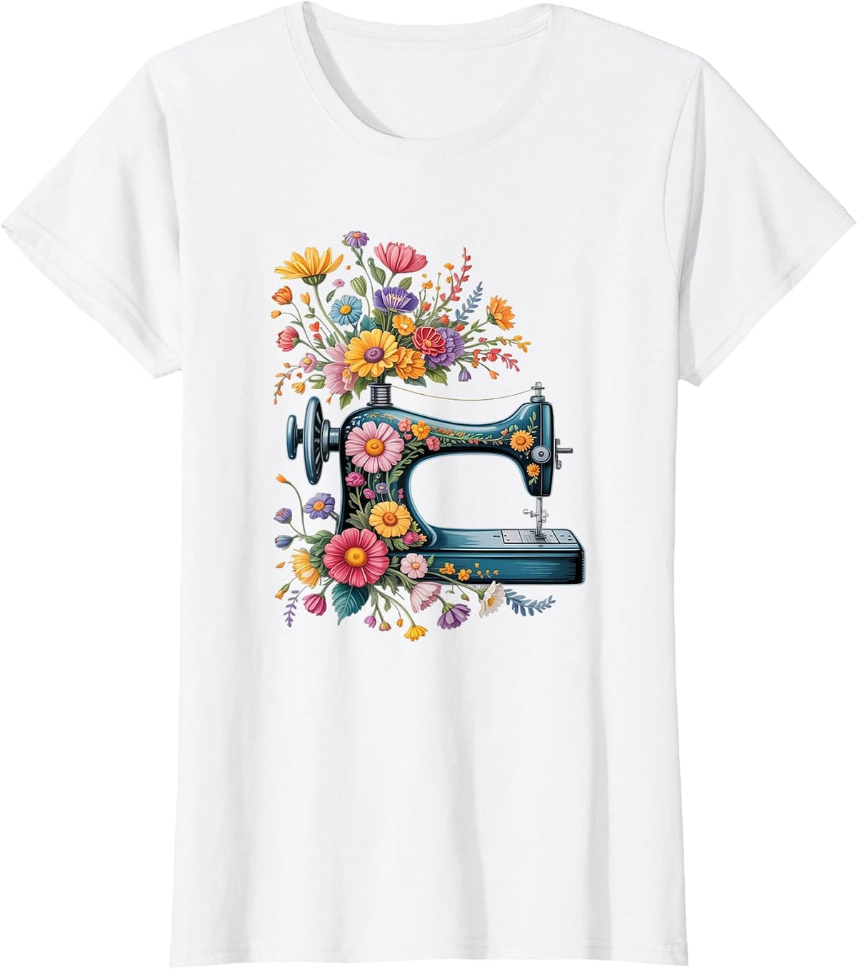 Vintage Sewing Machine with Floral Bloom Quilters Crafters T-Shirt - White