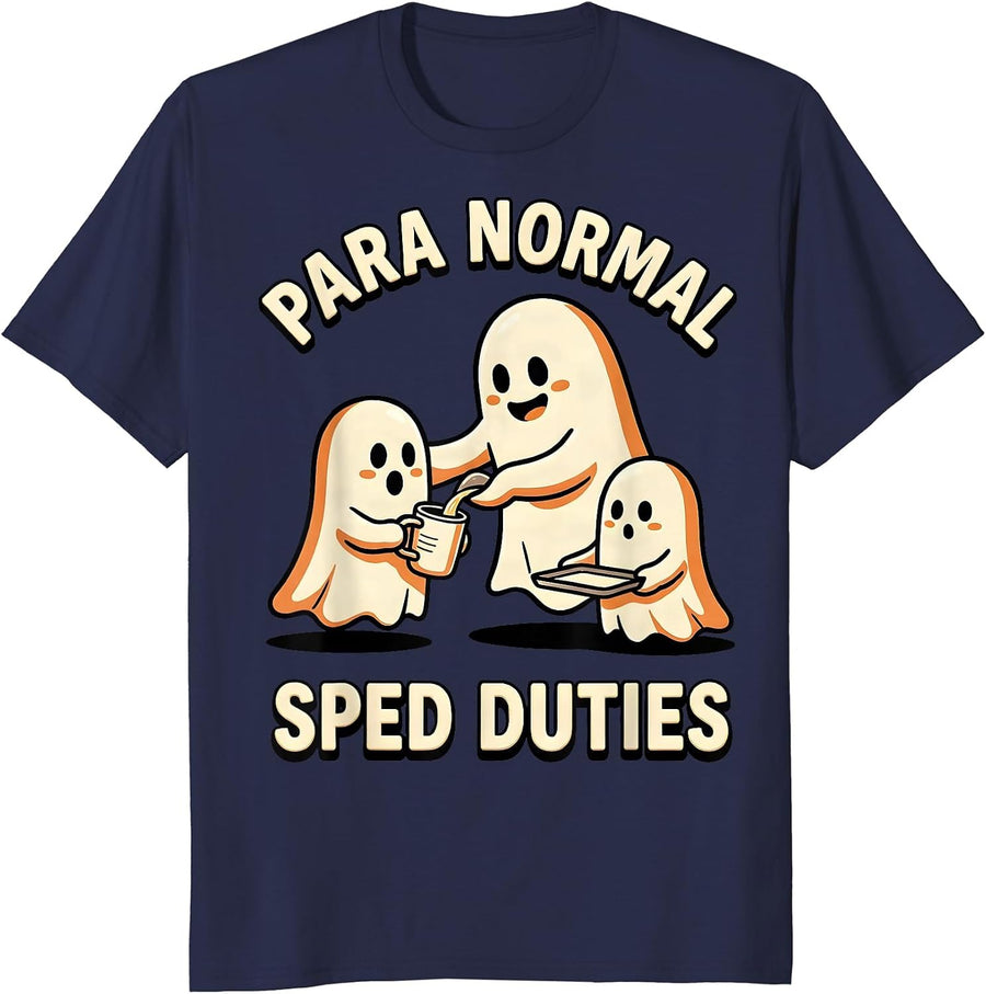 Para Normal SPED Duties Cartoon Ghost Paraprofessional T-Shirt - Navy Blue