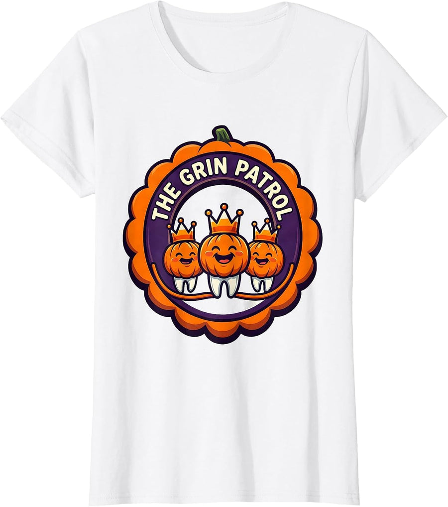 Women's The Grin Patrol Cartoon Halloween Dental Hygienist Dental T-Shirt - White