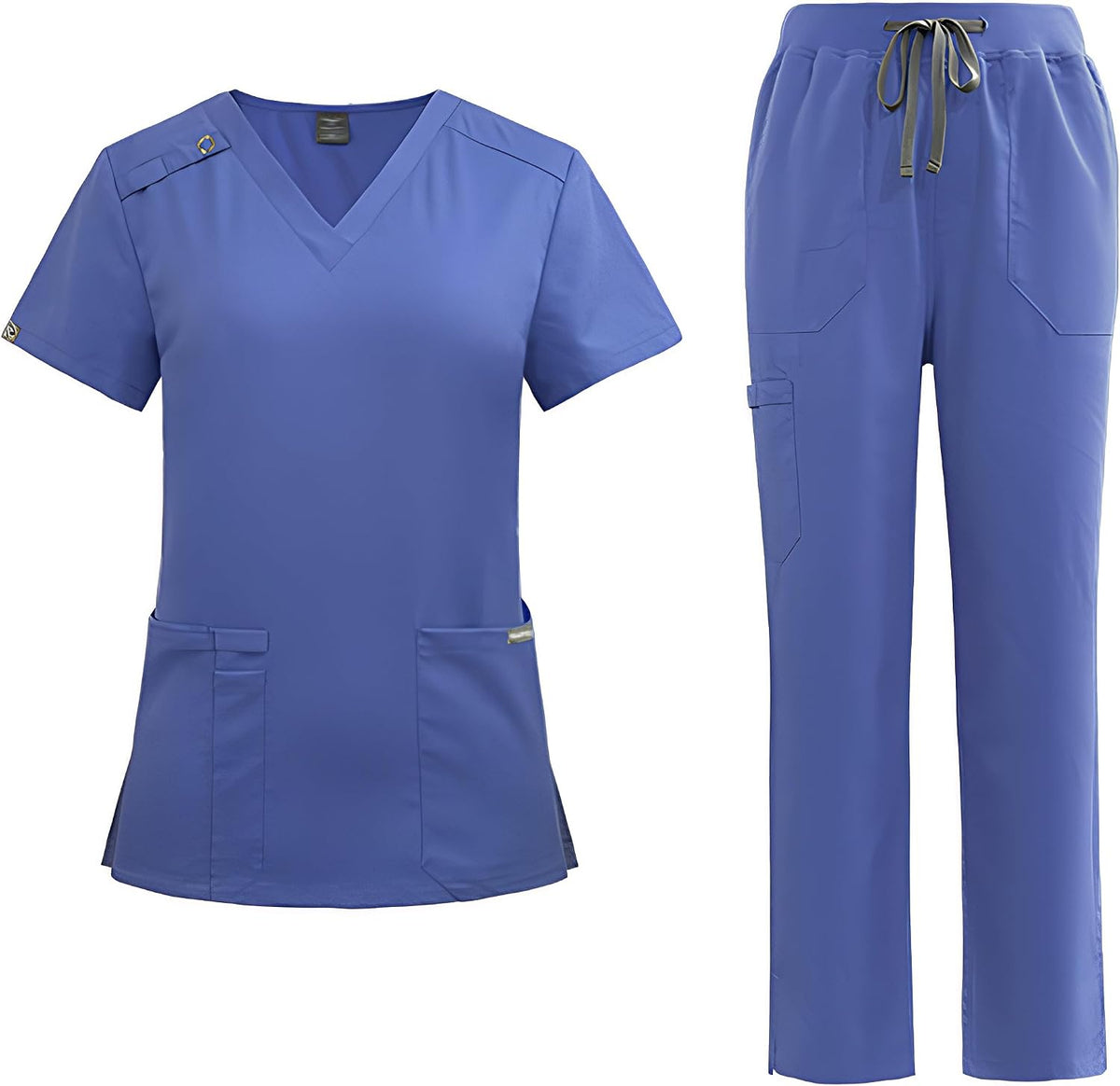 Scrub Suit Set Short Sleeve Unisex V Neck Top with 2 Pockets Straight Leg Pants with Waist Medical Uniform DK86 - Blue