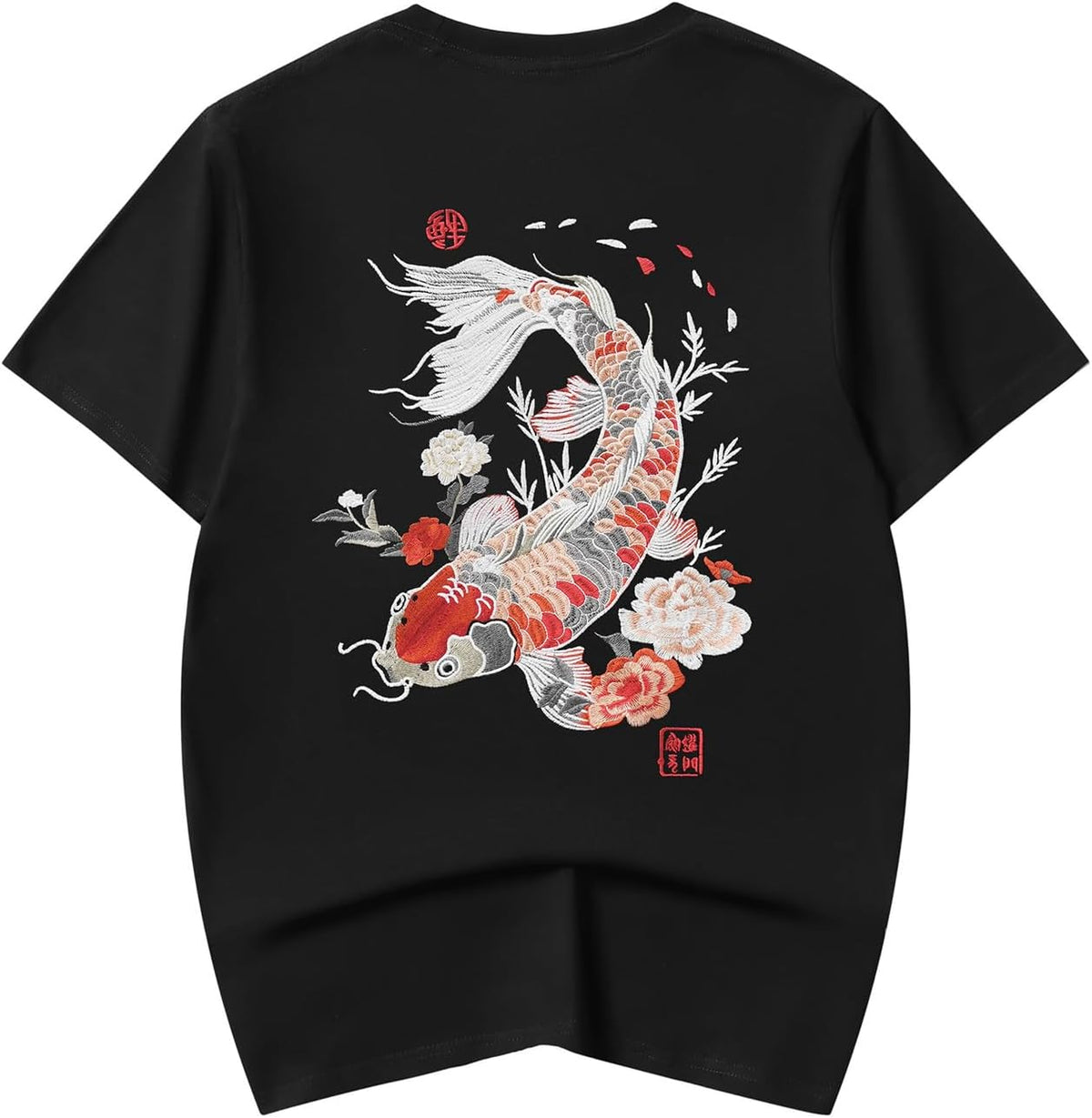 Niepce Inc Japanese Streetwear Embroidery Graphic Tees Men - Black-koi Fish