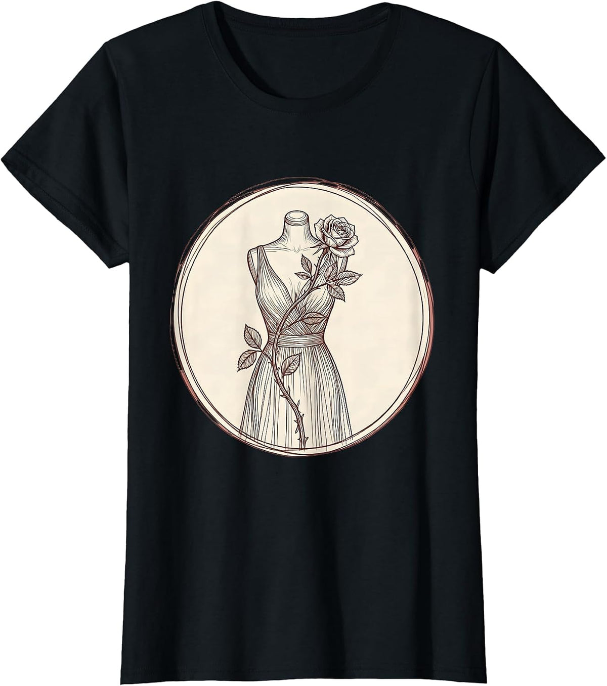 Vintage Dress Form Climbing Roses Floral Art T-Shirt - Black