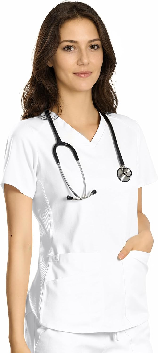 Scrubs Top for Women, V-Neck Top Scrubs, Modern Fit - White