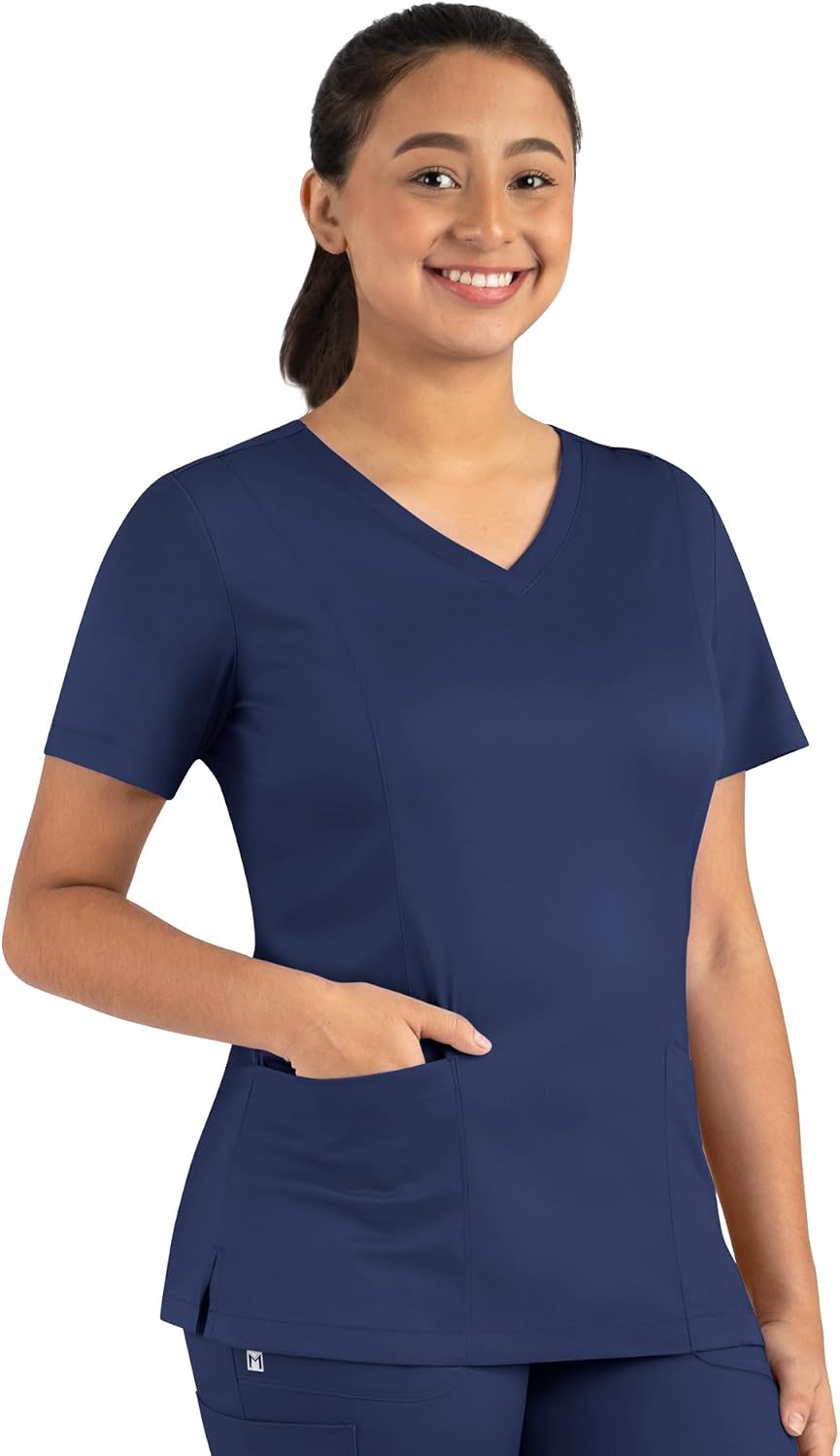 Maevn Matrix Women’s Modern Fit Double V-Neck Medical Nurse Scrub Top, 3 Pockets, Inner Utility Loop, Bungee Loop - Navy