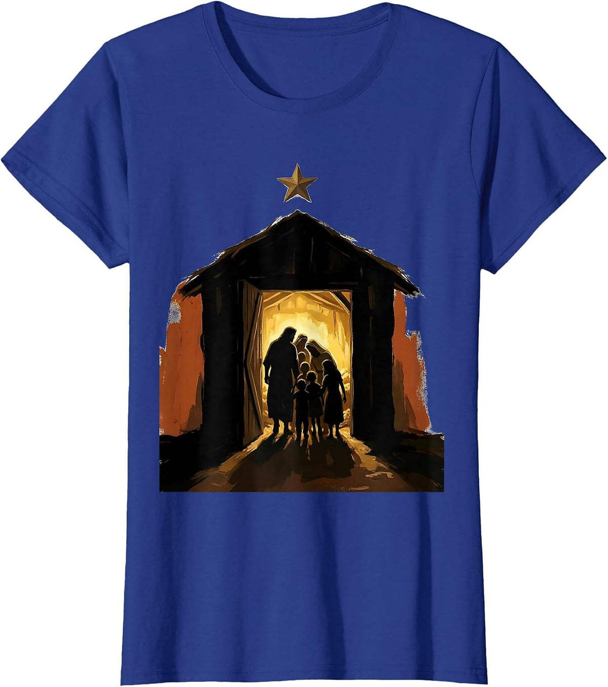 Women's Open Door Nativity Family Christmas Faith Tribute T-Shirt - Royal Blue