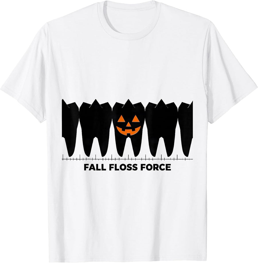 Men's Fall Floss Force Geometric Dental Hygienist Halloween Humor T-Shirt - White