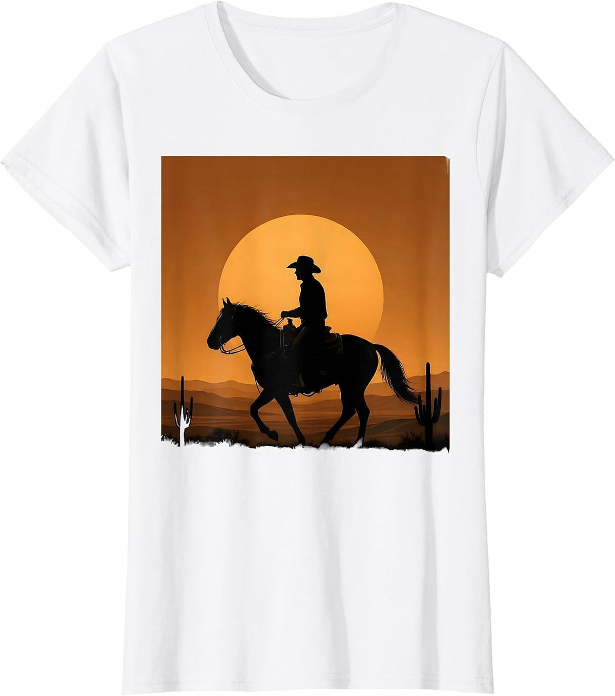 Lone Cowboy Riding Horse at Dusk Illustration T-Shirt - White
