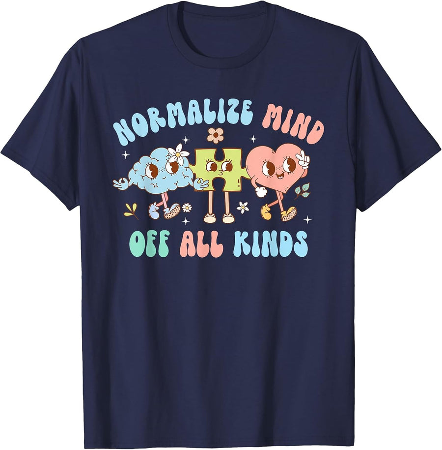 Normalize Minds of All Kinds Autism Puzzle Piece Heart Brain T-Shirt - Navy Blue