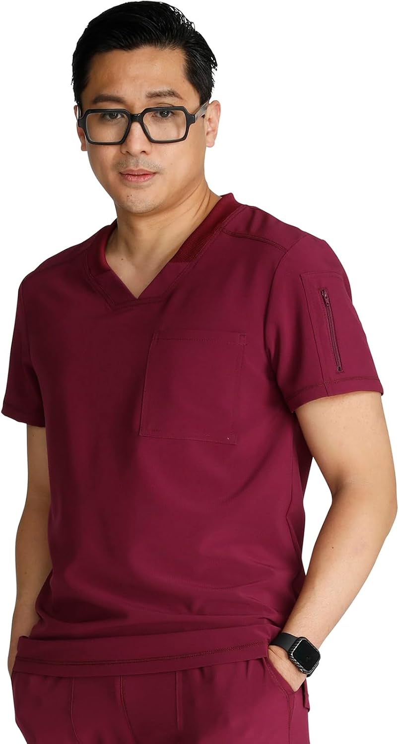 Cherokee Journey Men's V-Neck Scrub Top 2 Pockets Relaxed Fit - Wine