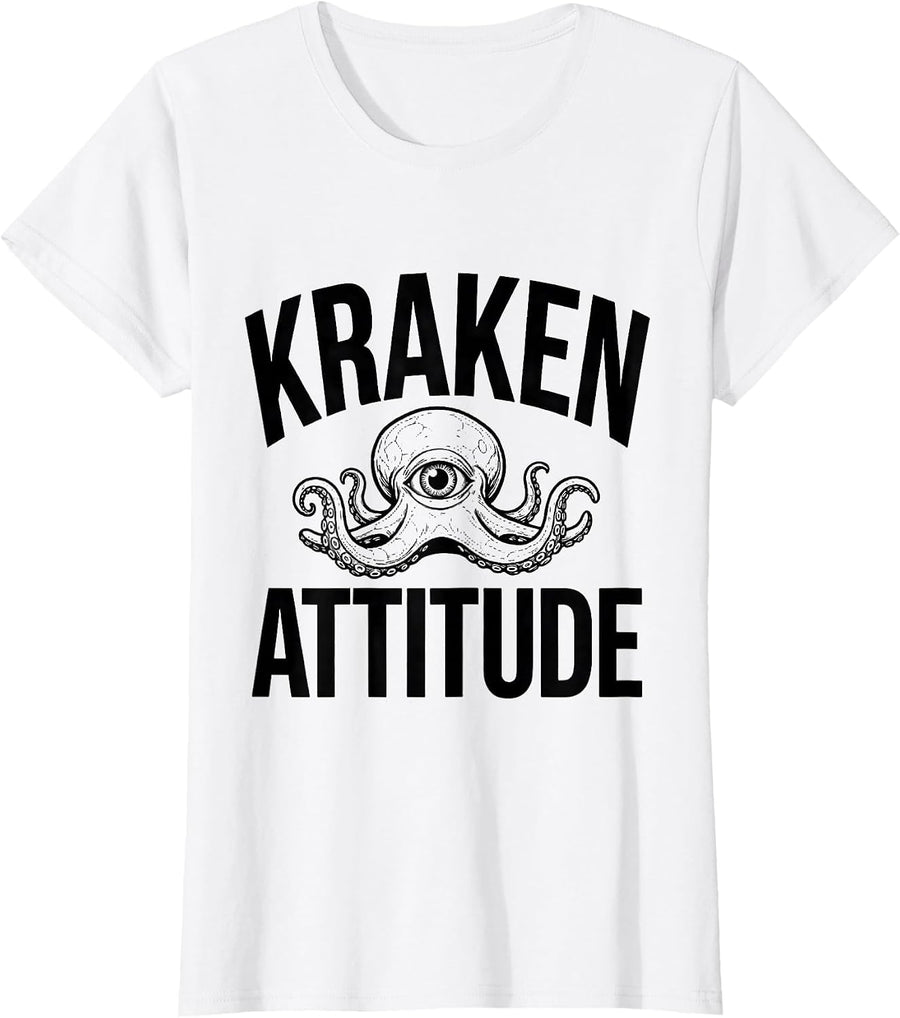Women's Kraken Attitude Vintage Octopus Line Art Sea Creature Gift T-Shirt - White