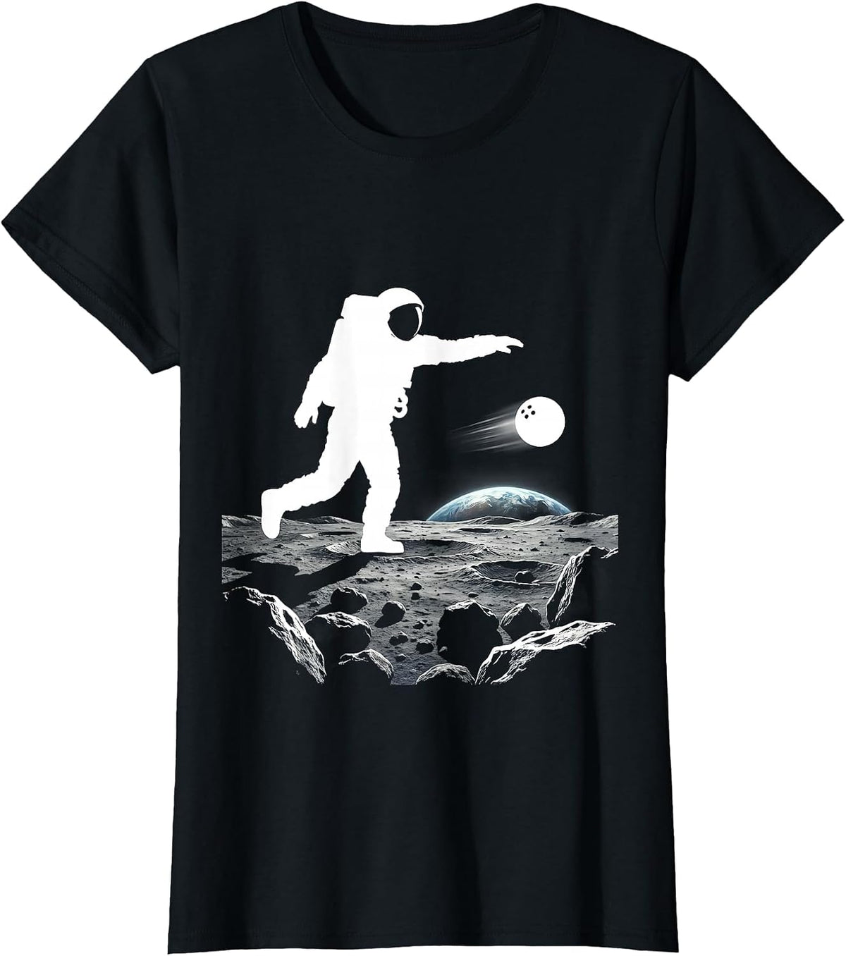 Astronaut Bowling on the Moon Graphic Tee T-Shirt - Black