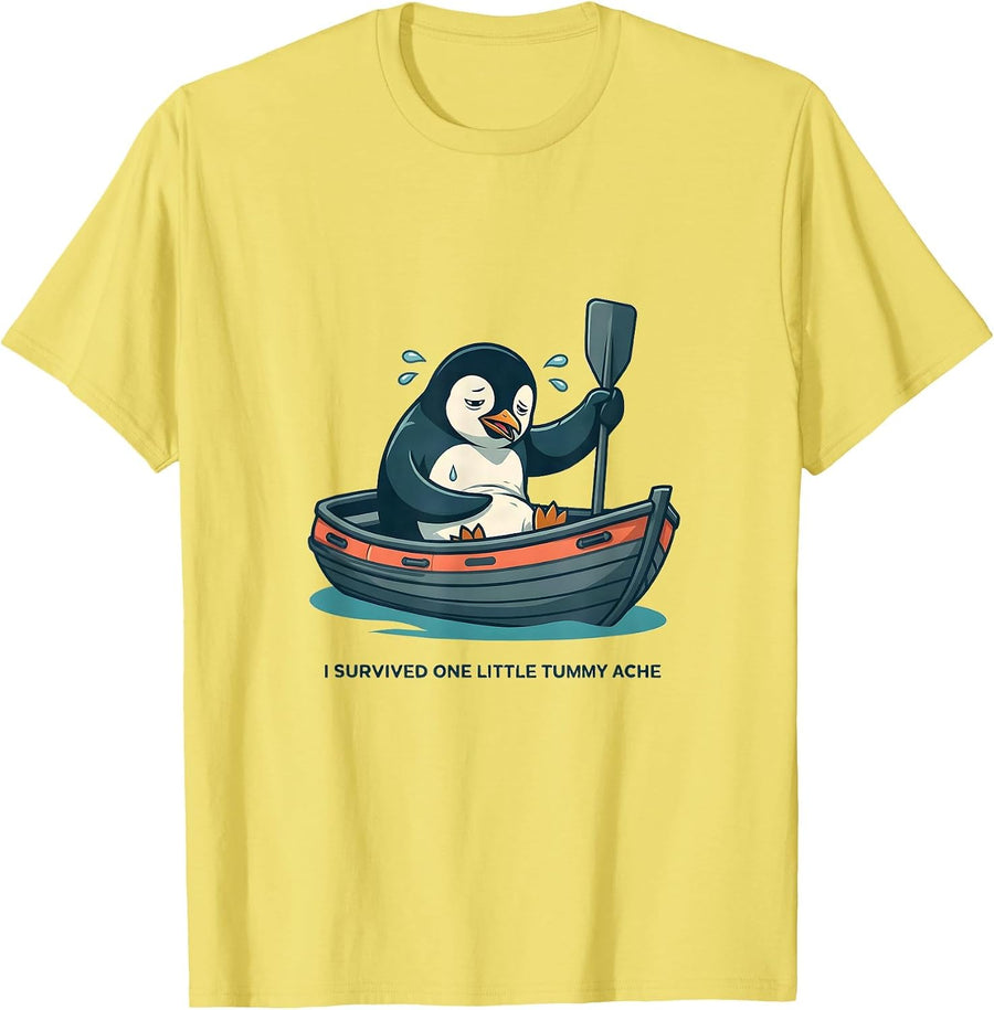 I Survived One Little Tummy Ache Funny Penguin Meme Humor T-Shirt, Men, Lemon Yellow, X-Large - As Pictured