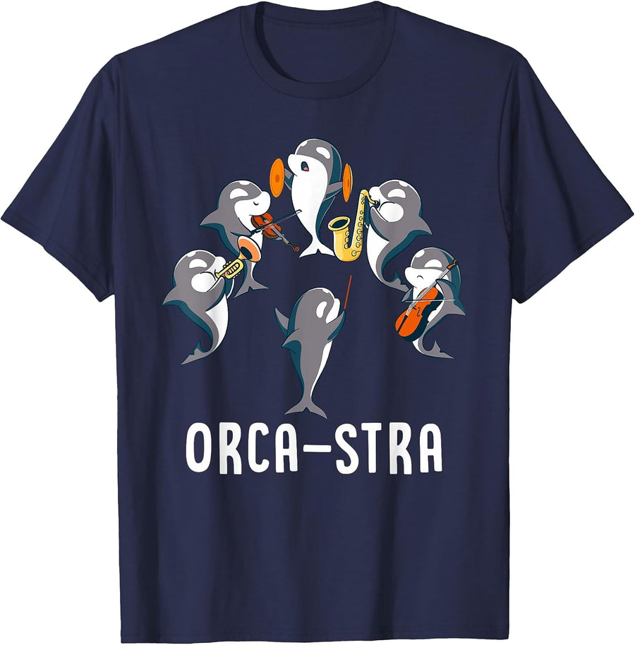 Funny Orca-stra Orca Killer Whale Orchestra T-Shirt - Navy Blue