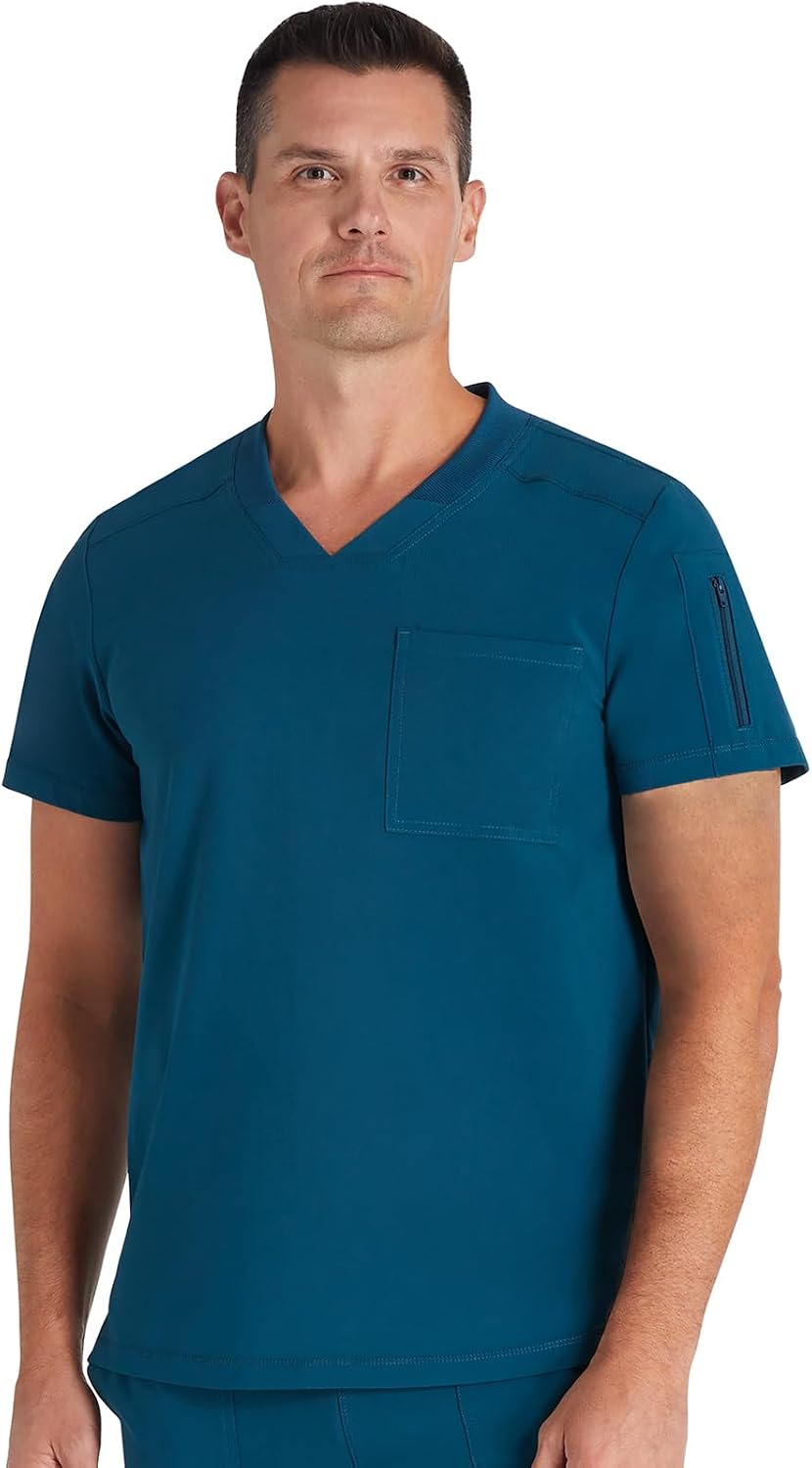 Cherokee Journey Men's V-Neck Scrub Top 2 Pockets Relaxed Fit - Caribbean Blue