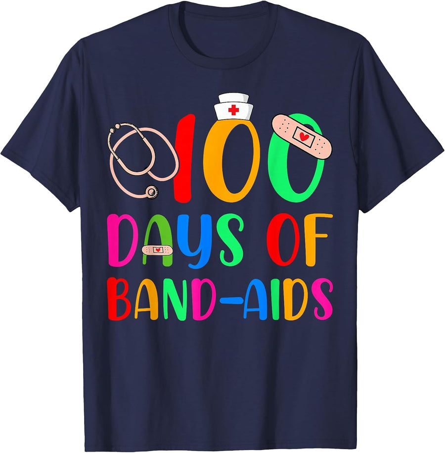 100 Days of Band Aids School Nurse 100th Day of School T-Shirt - Navy Blue