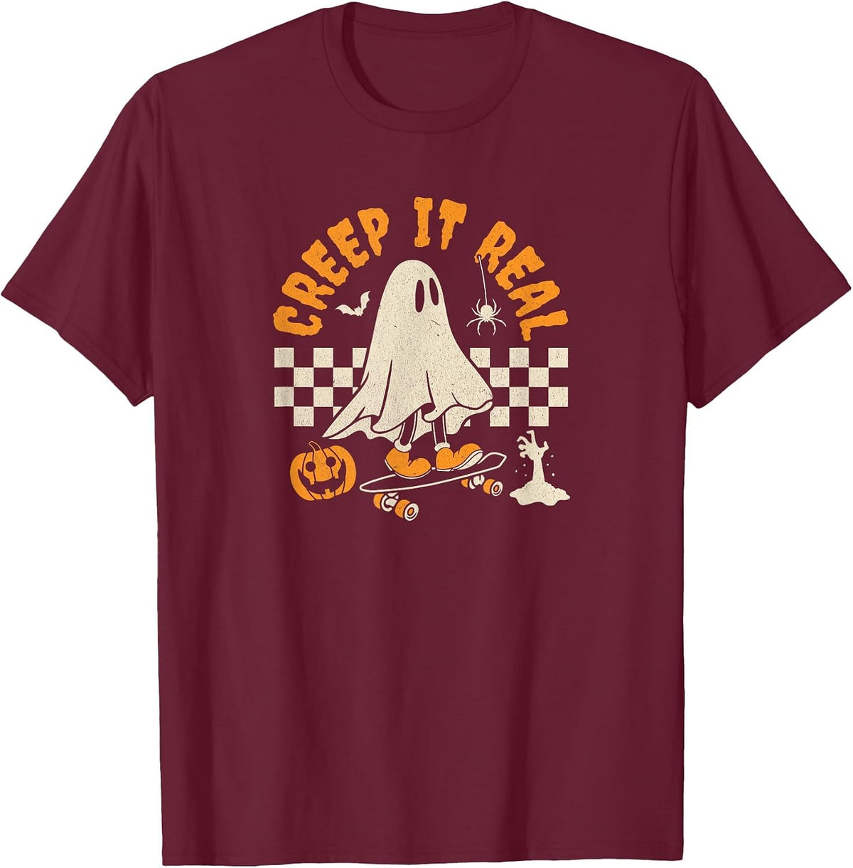 Halloween Creep it Real Ghost Skateboard for Women Kids T-Shirt - Burgundy