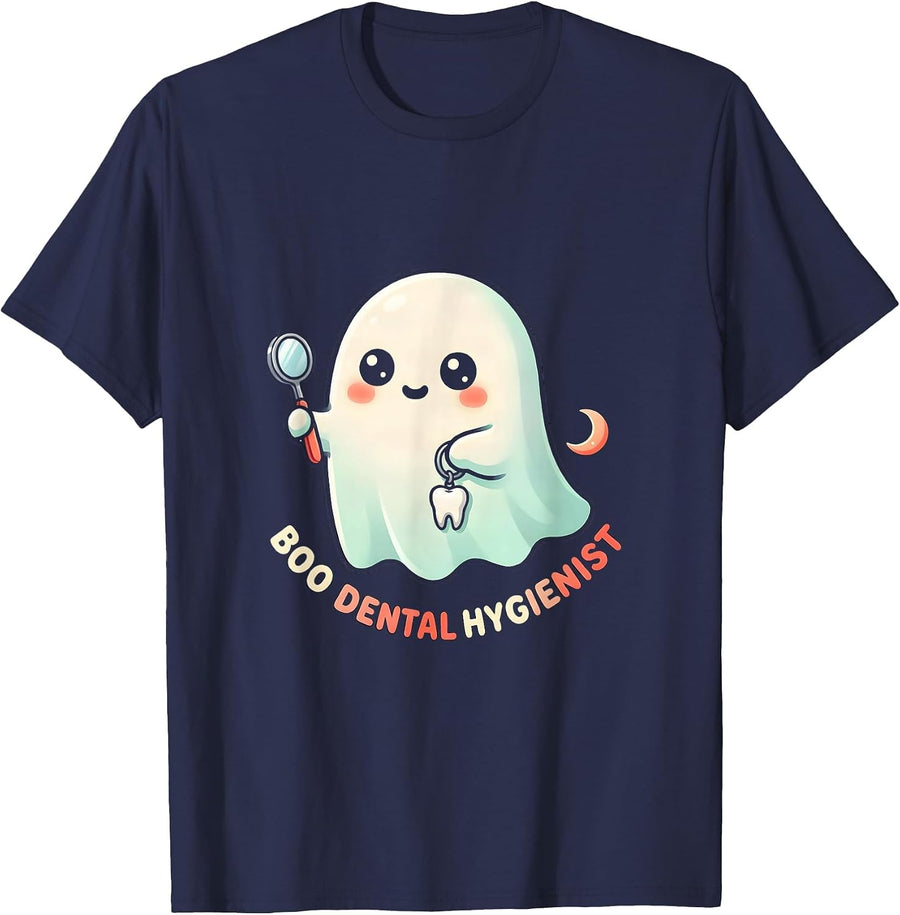 Boo Dental Hygienist Cute Ghost Halloween Dental Occupation T-Shirt - Navy Blue
