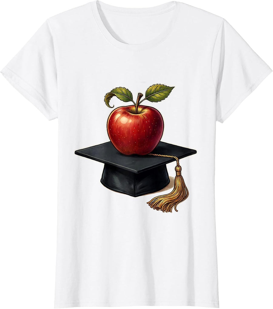 Women's Paraprofessional Apple Graduation Cap Illustration T-Shirt - White