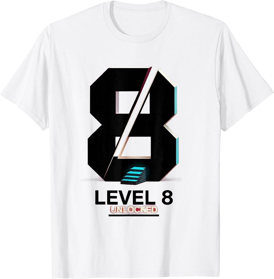 Men's Level 8 Unlocked New Wave Gamer Milestone Birthday T-Shirt - White