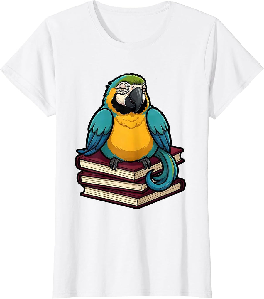 Women's Parrot on Books Cartoon Book Lover Pet Humor T-Shirt - White