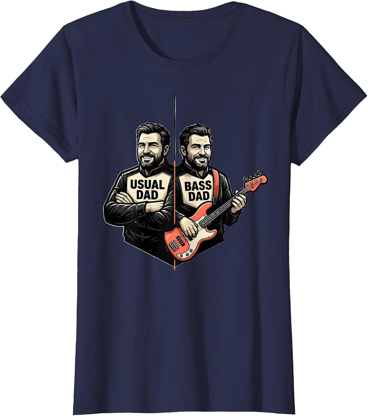 Women's USUAL DAD BASS DAD Funny Guitar Father Musician Humor T-Shirt - Navy Blue