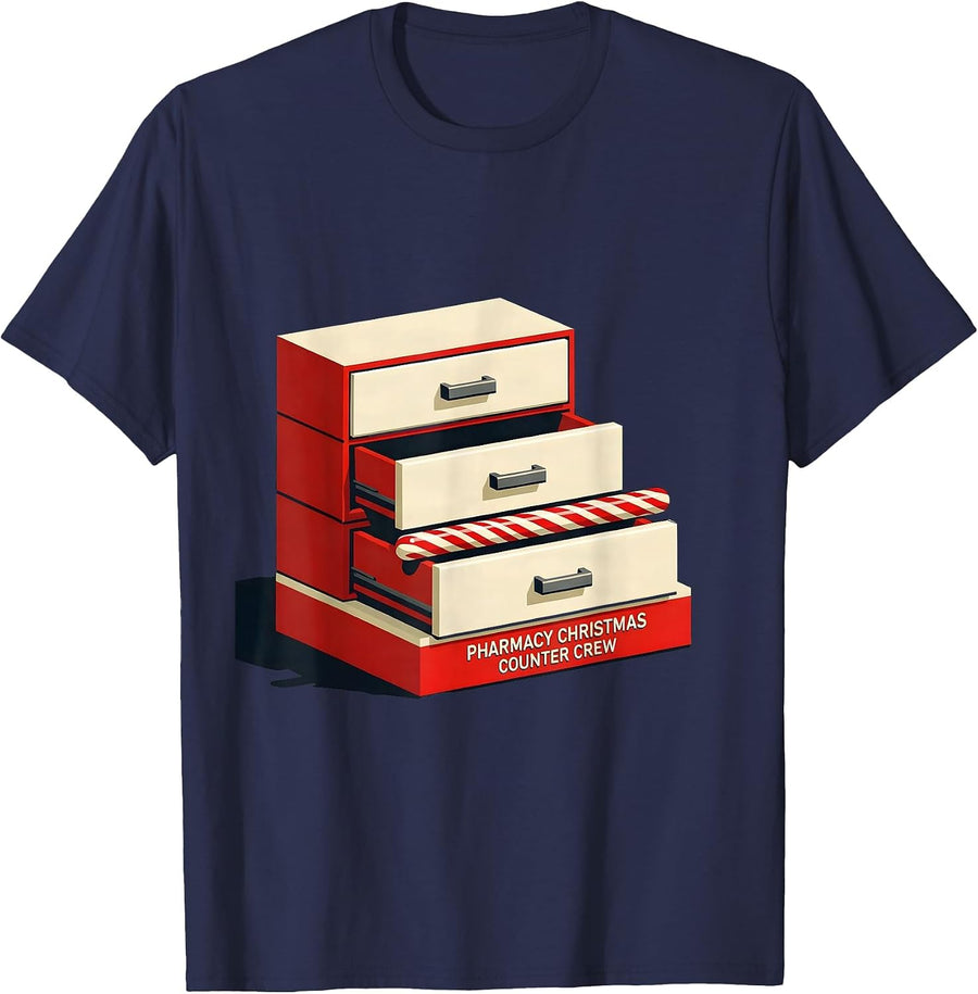 Pharmacy Christmas Counter Crew Funny Pharmacist Tech T-Shirt - Navy Blue