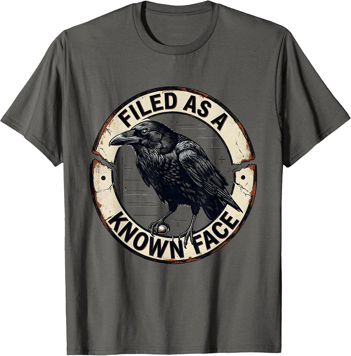 Men's Filed As A Known Face Vintage Crow Dark Humor Gothic Bird T-Shirt - Asphalt Grey