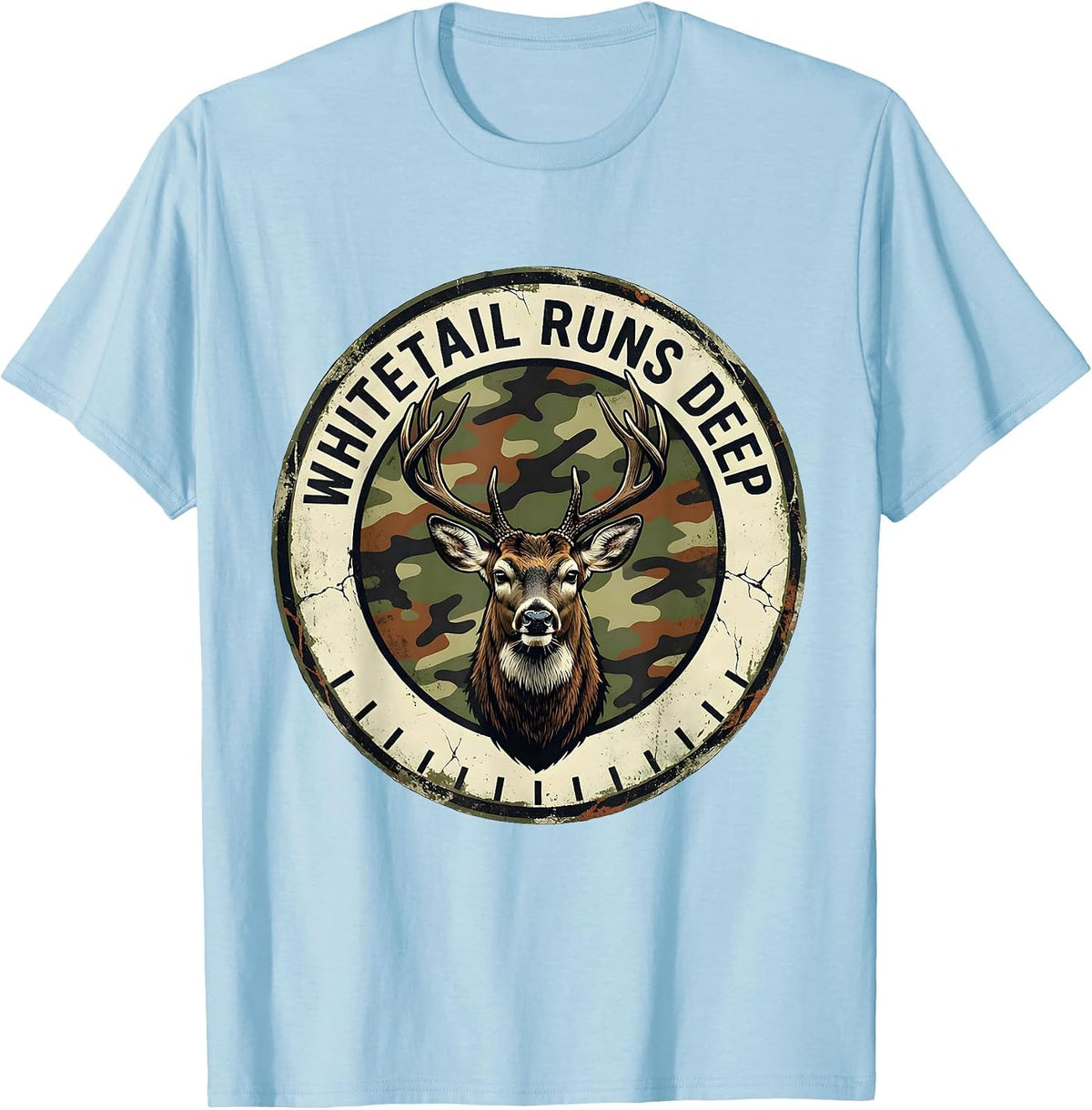 Men's Whitetail Runs Deep Distressed Camo Deer Hunting Dad Humor T-Shirt - Baby Blue