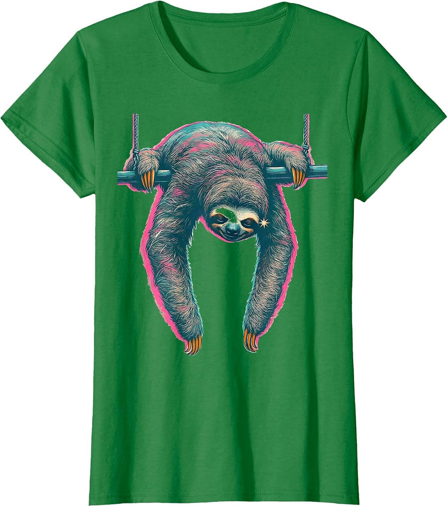 Women's Sloth Draped Over Pendulum Bar Risograph Humor T-Shirt - Kelly Green
