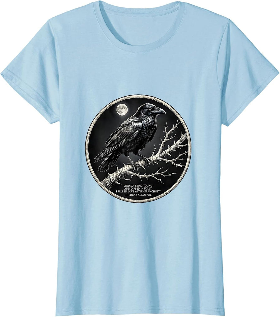 Women's And So Young Love Melancholy Edgar Allan Poe Raven Gothic T-Shirt - Baby Blue