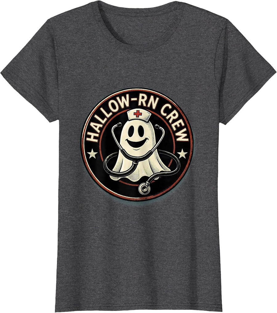 Women's Hallow-RN Crew Retro Cartoon Halloween Nurse Medical Humor T-Shirt - Dark Heather Grey