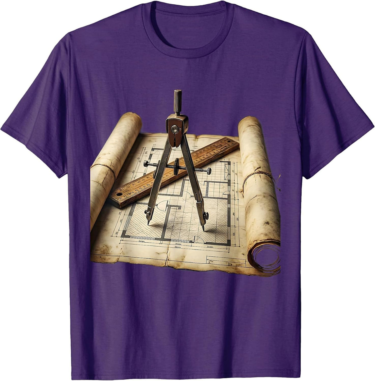 Men's Blueprint Illustration Ruler and Compass Graphic T-Shirt - Purple