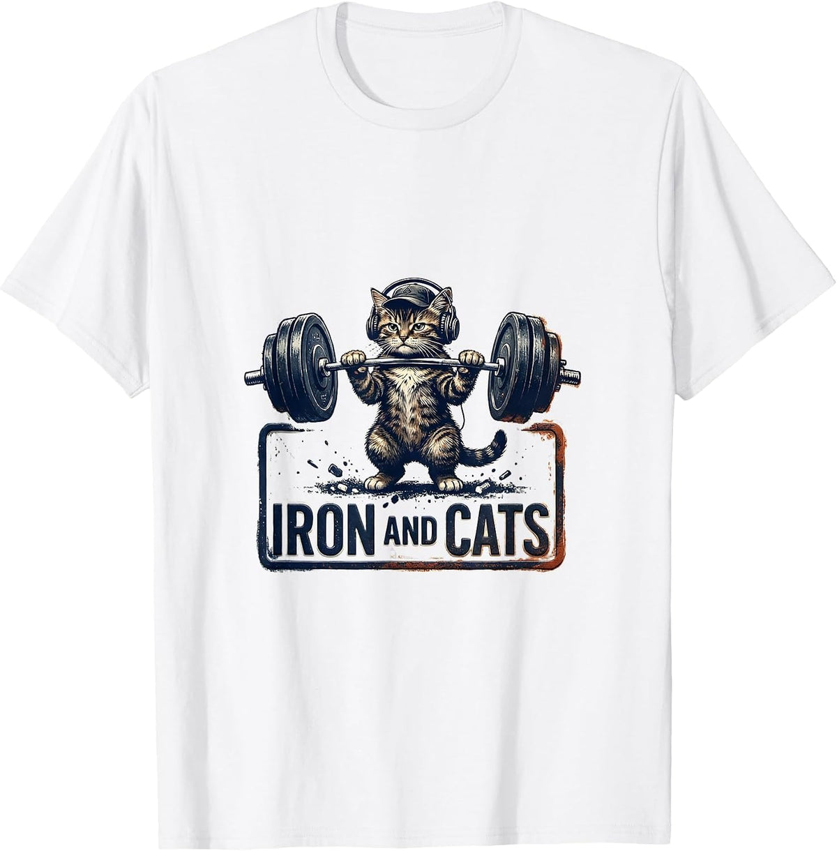 Men's Iron And Cats Rubber Stamp Funny Gym Workout Cat T-Shirt - White